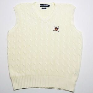 Vintage Polo Golf Ralph Lauren Cable Knit Sweater Vest Golf Logo Size M Ivory